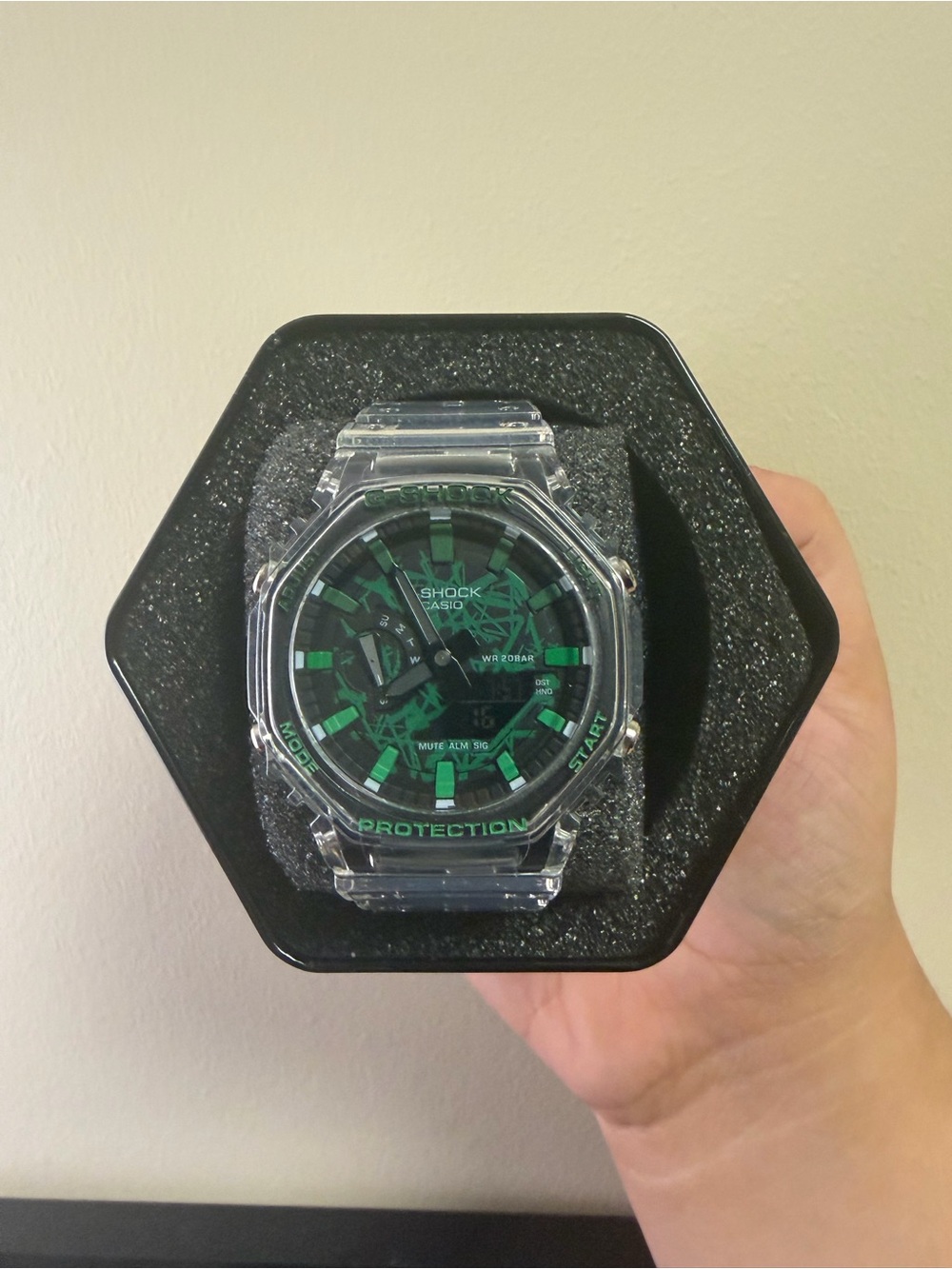 G-Shock Transparent Case Watch with Green Dial Accents